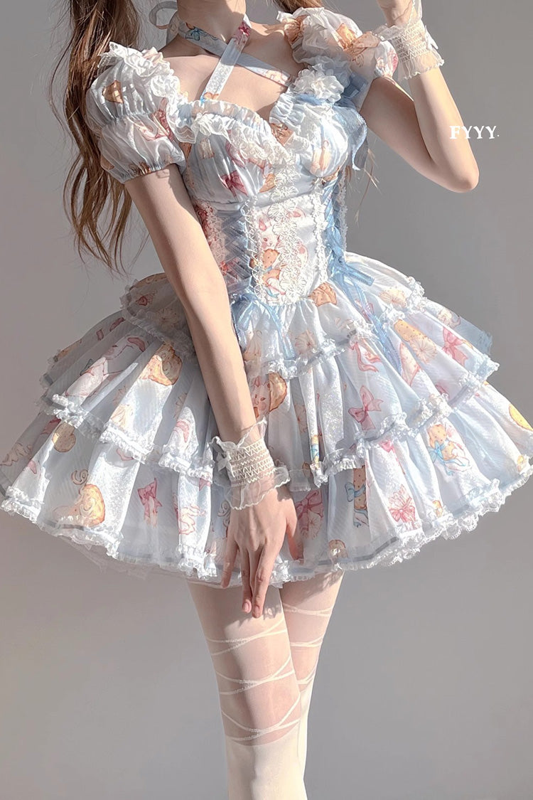 Azure Cookie-Bunny Print Sweet Dress with Multi-Layer Ruffles