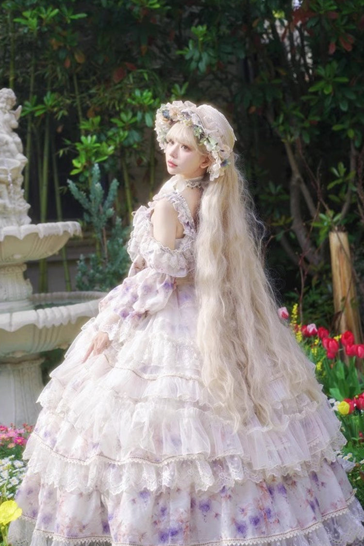 Rose Letter Off Shoulder Triple-Layered Print Ruffle Hanayome Princess Lolita Dress in Blue