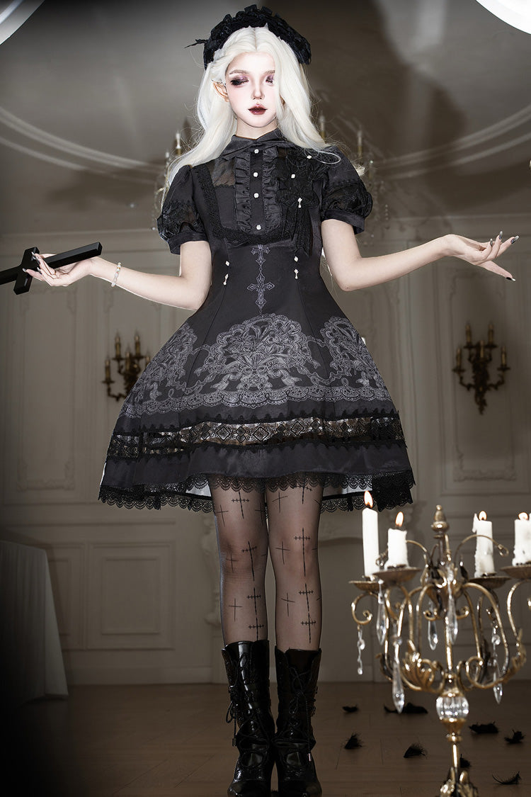 Black Classic Gothic Dress with Embroidered Lace