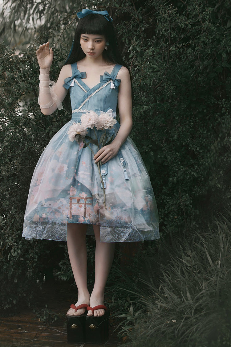 Multicolor Mount Fuji Cherry Blossom Printed Bow Alice Sweet Lolita JSK