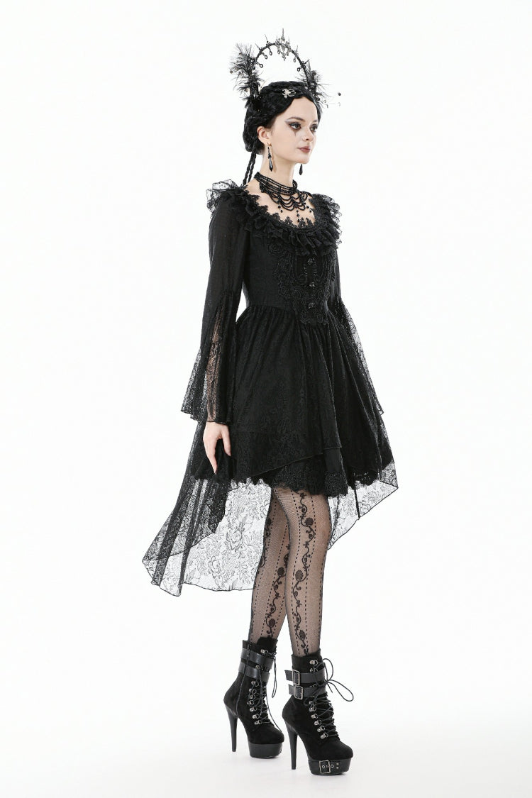 Gothic Black Lace Boat-Neck Trumpet-Sleeve High-Low Hem Elegant Long Gown
