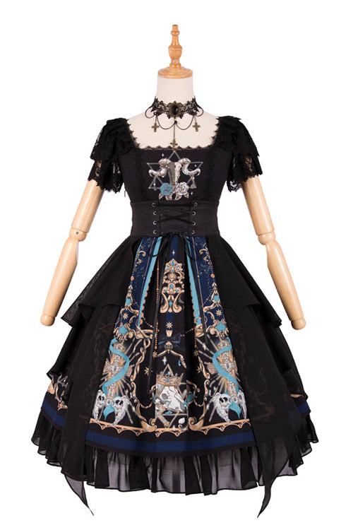 God Redemption Print Short Sleeve Gothic Lolita Dress with Lace