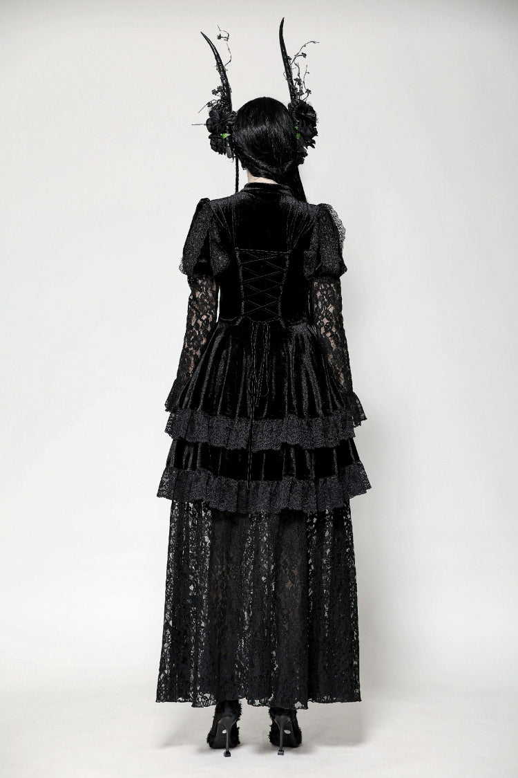 Jet-Black Gothic Evening Dress with Cutout Lace and Velvet Corset