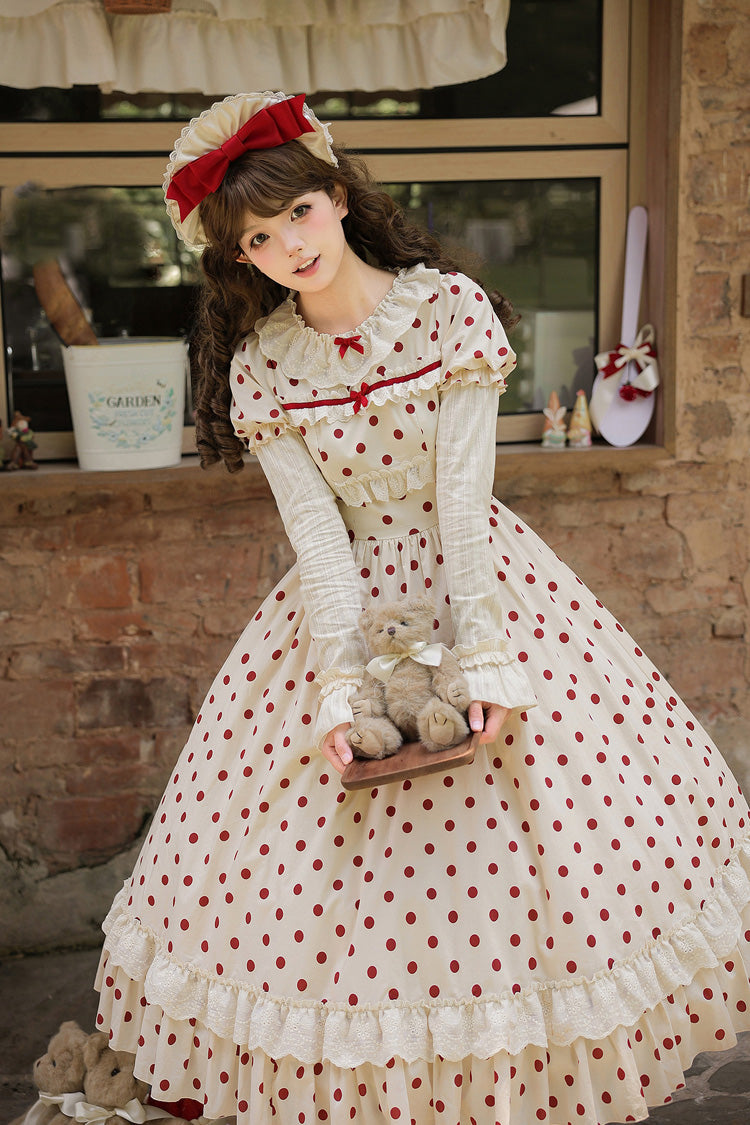 Apricot Sweet Elegant Lolita Dress with Cotton Round Collar Long Lantern Sleeves Polka Dot Print Ruffled Bow Lace