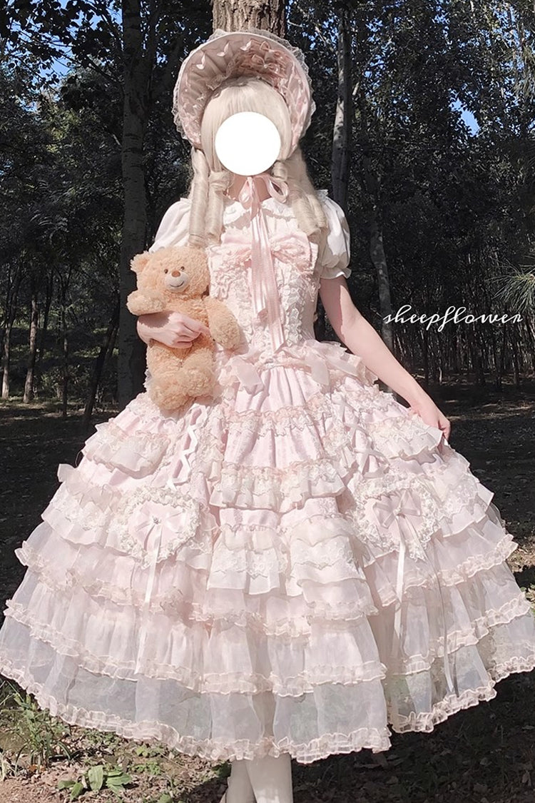 Pink Multi-Layered Ruffled Hanayome Embroidered Bow Lace Sweet JSK - Sweetheart Diary