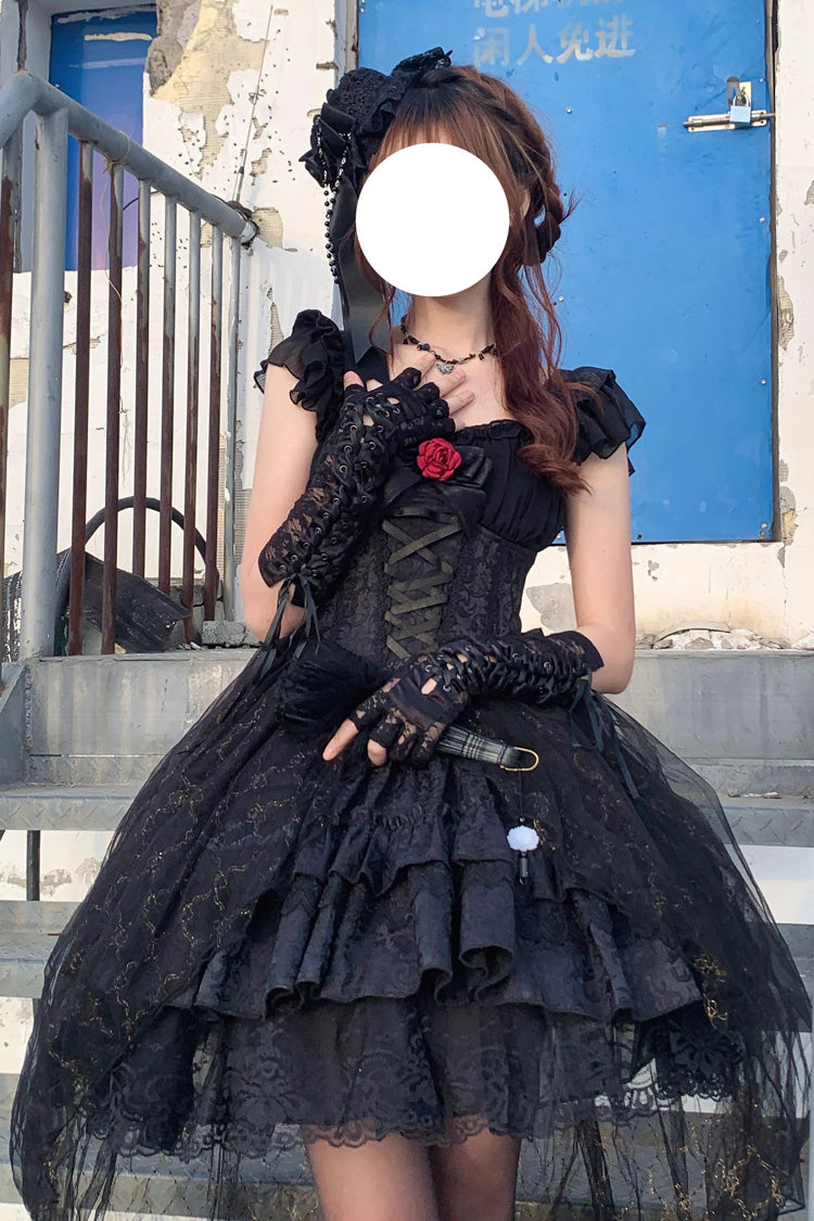 Black Short Sleeved Ruffled Rose Gothic Tiered Dress with Bow