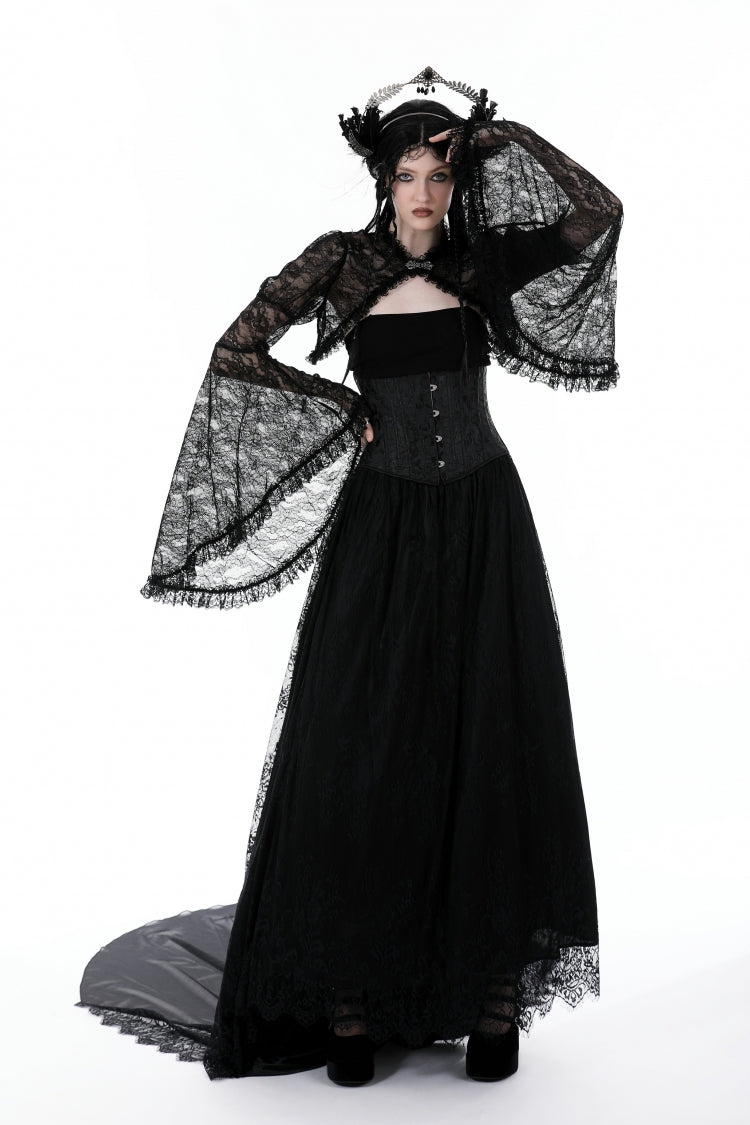 Jet-Black Gothic Cape with Flared Sleeves and Ruffled Lace