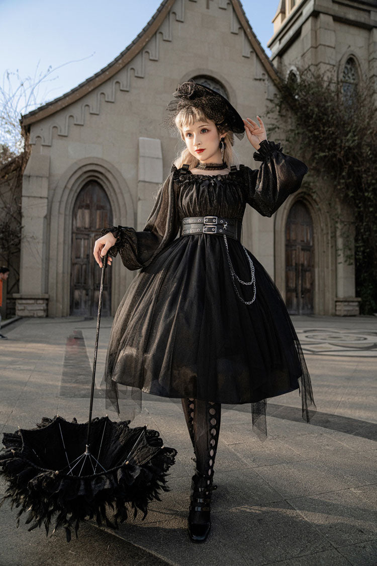 Black Square Collar Gothic Lolita OP Dress Metal Chain Organza Stitching - Altfashion Shop