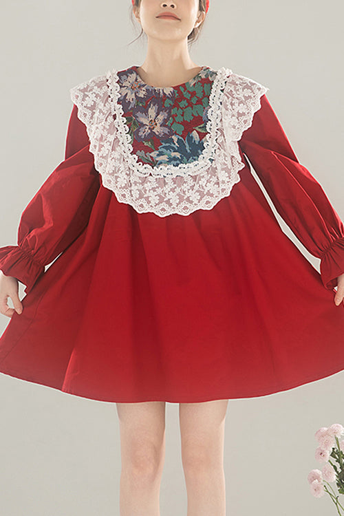 Scarlet Lace Panel Round Collar Ruffled High Waist Lolita OP