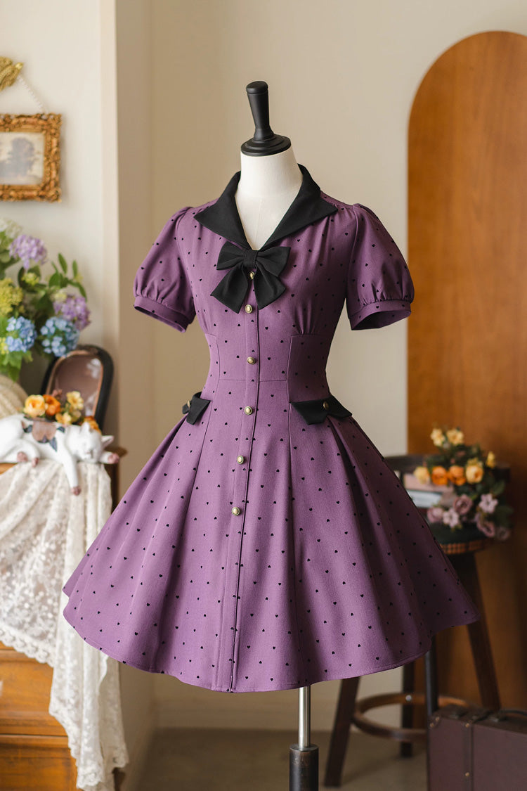 Forest Boulotty Violet Lapel Collar Heart Polka Dot Bow Short Sleeve Lolita Dress - Forest Boulotty