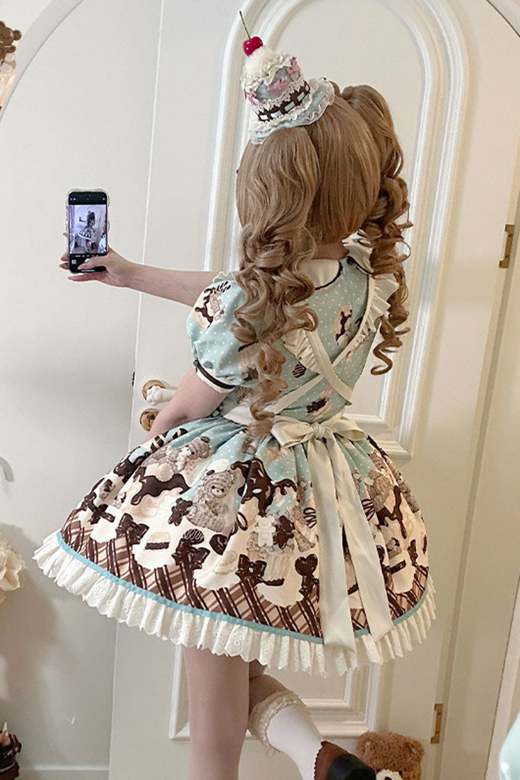 Brown Chocolate Cake Bear Print Ruffled Bow Lace-Up Sweet Dress - Peppermint Chocolate
