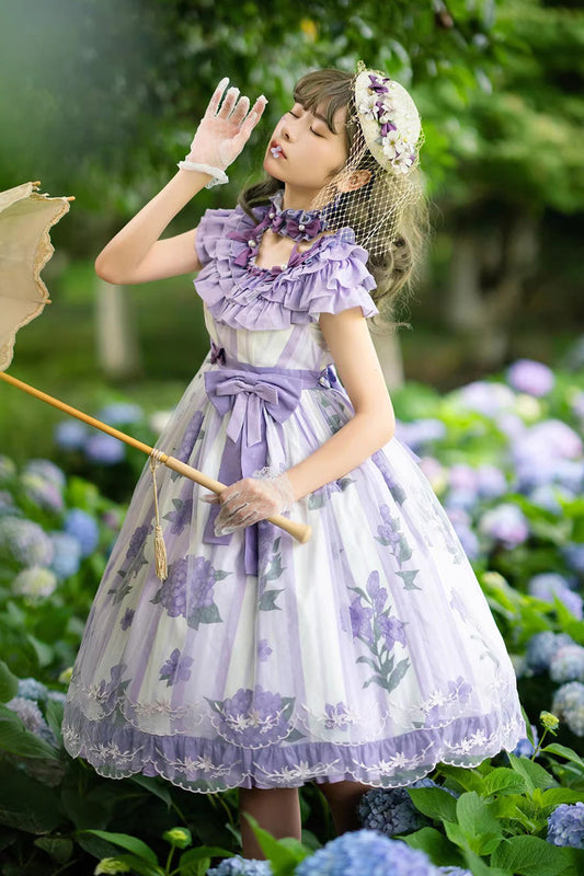 Endless Summer Violet Round Collar Hime Sleeves Printed Ruffled Bow Lace Lolita Dress - Endless Summer