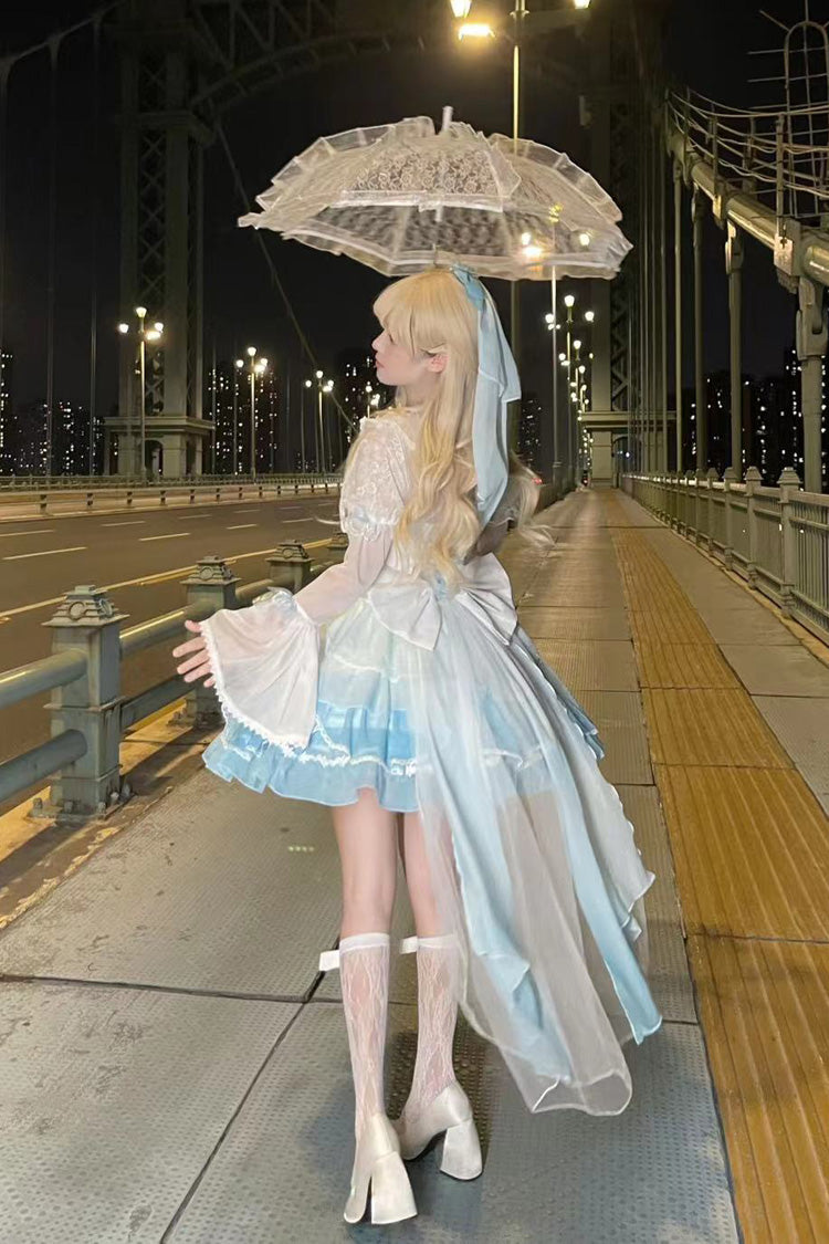 White Blue Gradient Lace Sweet Lolita Jumper Dress with Bow