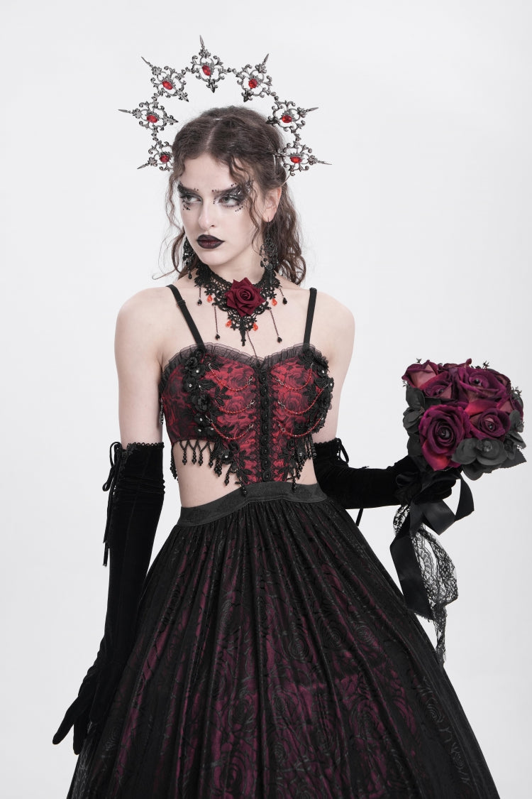 Scarlet Jacquard Floral Embroidered Ripped Gothic Slip Dress