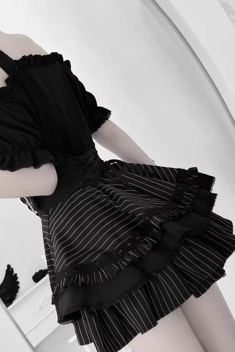 Stand Collar Sleeveless Ruffled Lace-Up Skirt and Blouse Set