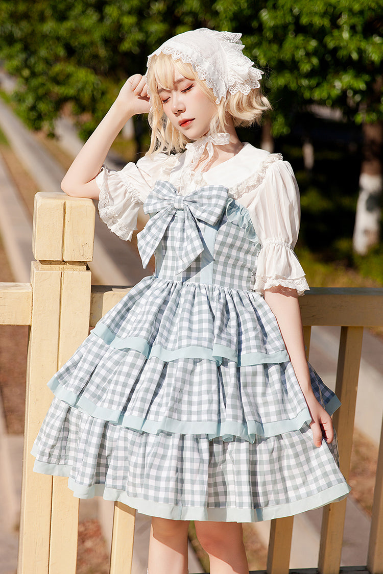 Blue Triple-Layered Plaid Ruffle Bow Sweet Lolita Dress