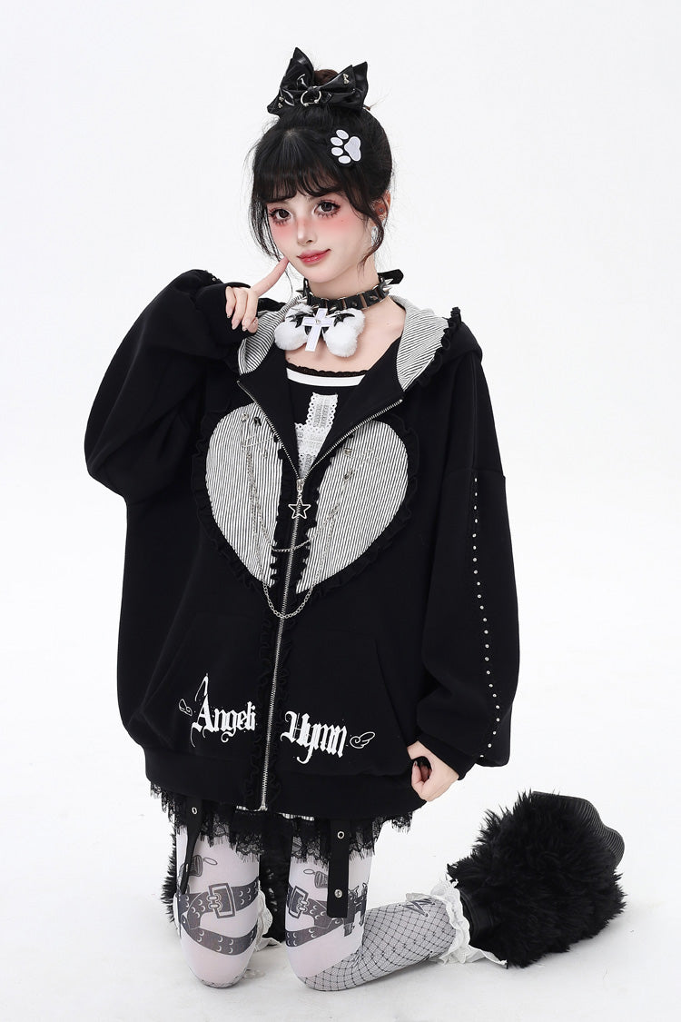 Heart Print Hooded Zipper Coat with Bunny Ears - Striped Bunny Ears