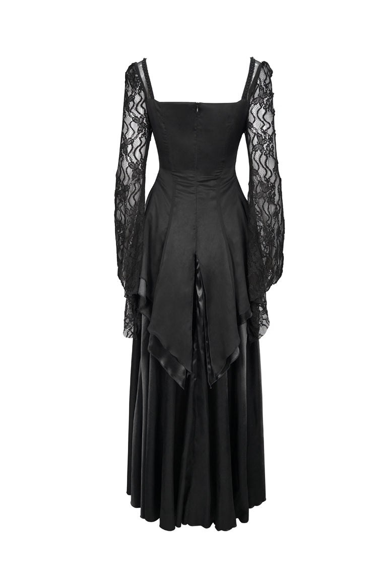 Gothic Pointed Long-Sleeve Back-Zip Satin Floor-Length Black Lace Formal Gown