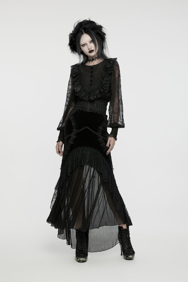 Noir Crewneck Lantern-Sleeve Ruffle Lace Gothic Blouse for Women
