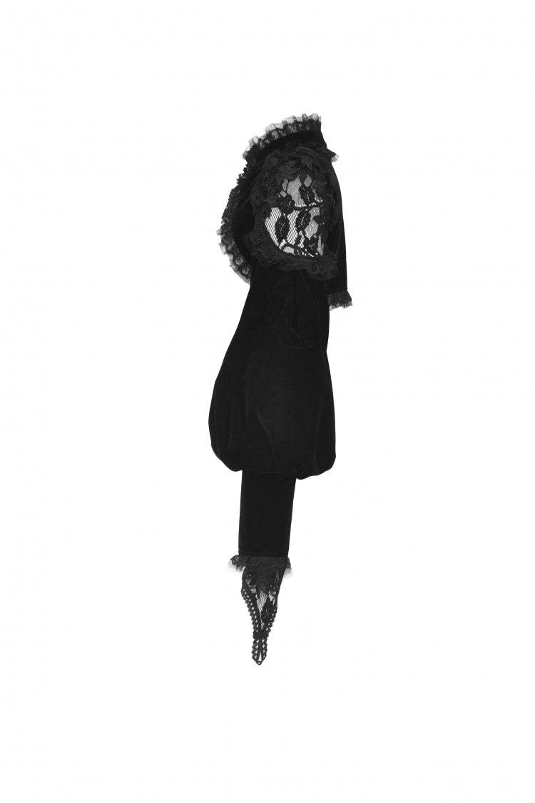 Jet-Black Gothic Cape with Velvet Panels and Lantern Sleeves
