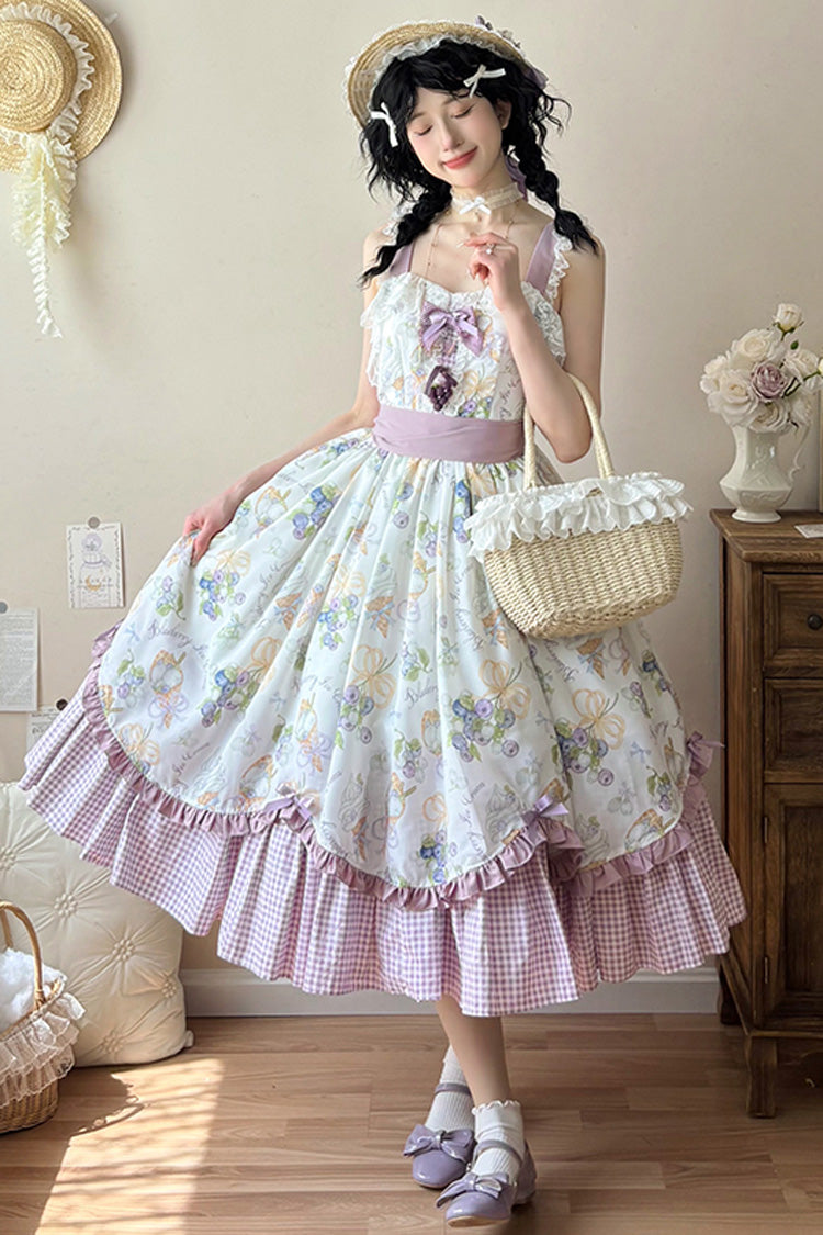 Blueberry Early Summer Sleeveless Print Ruffle Bow Sweet Lolita Jsk Dress