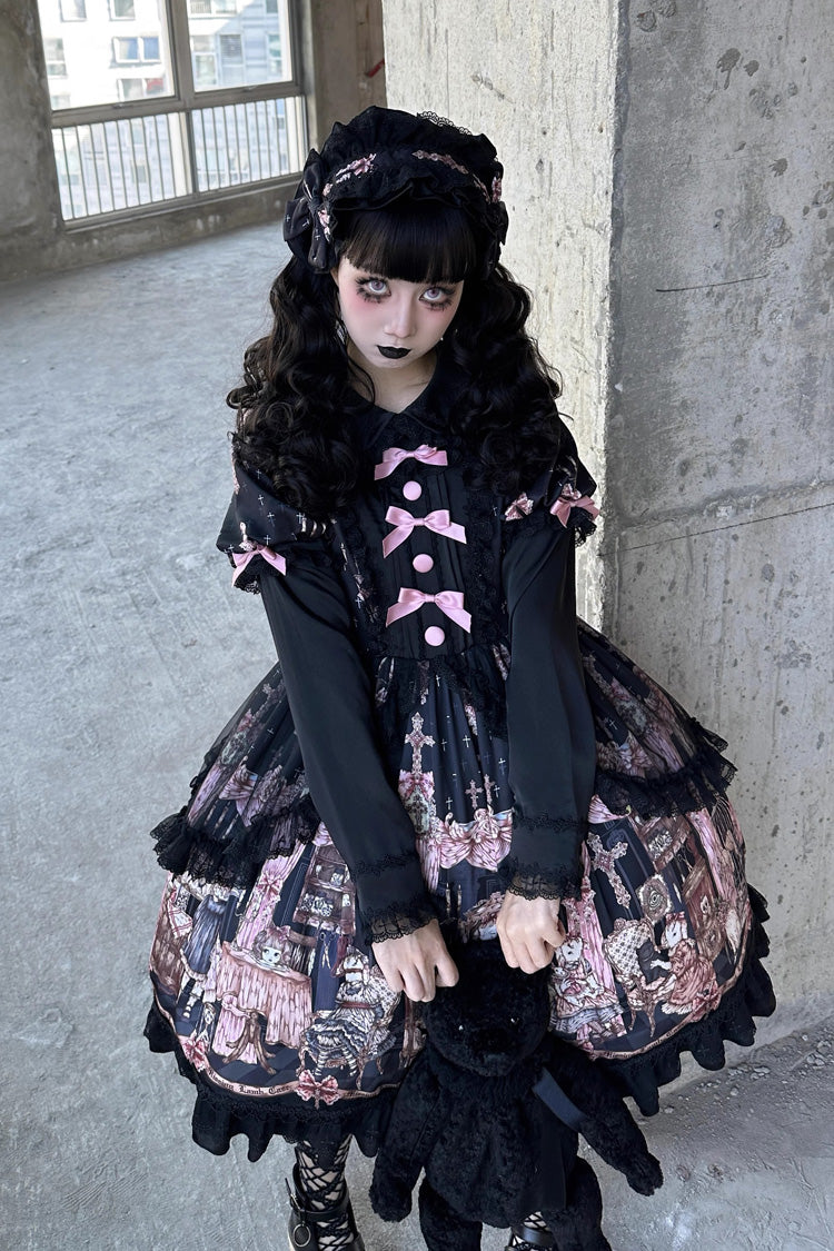 Black Missing Lamb Printed Long Sleeved Ruffled Bow Lace Gothic Lolita Dress