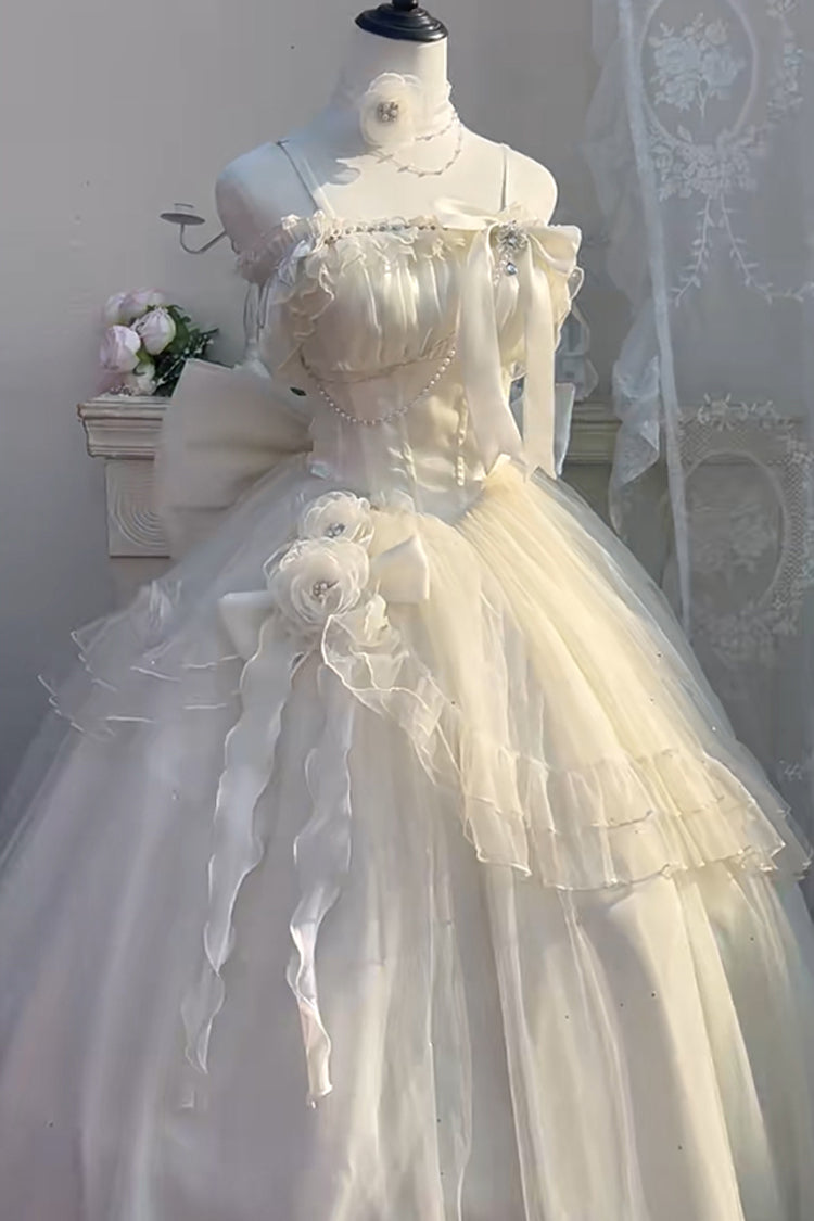 Elegant Apricot Off-Shoulder Ruffle Bow Asymmetric Princess Lolita Gown