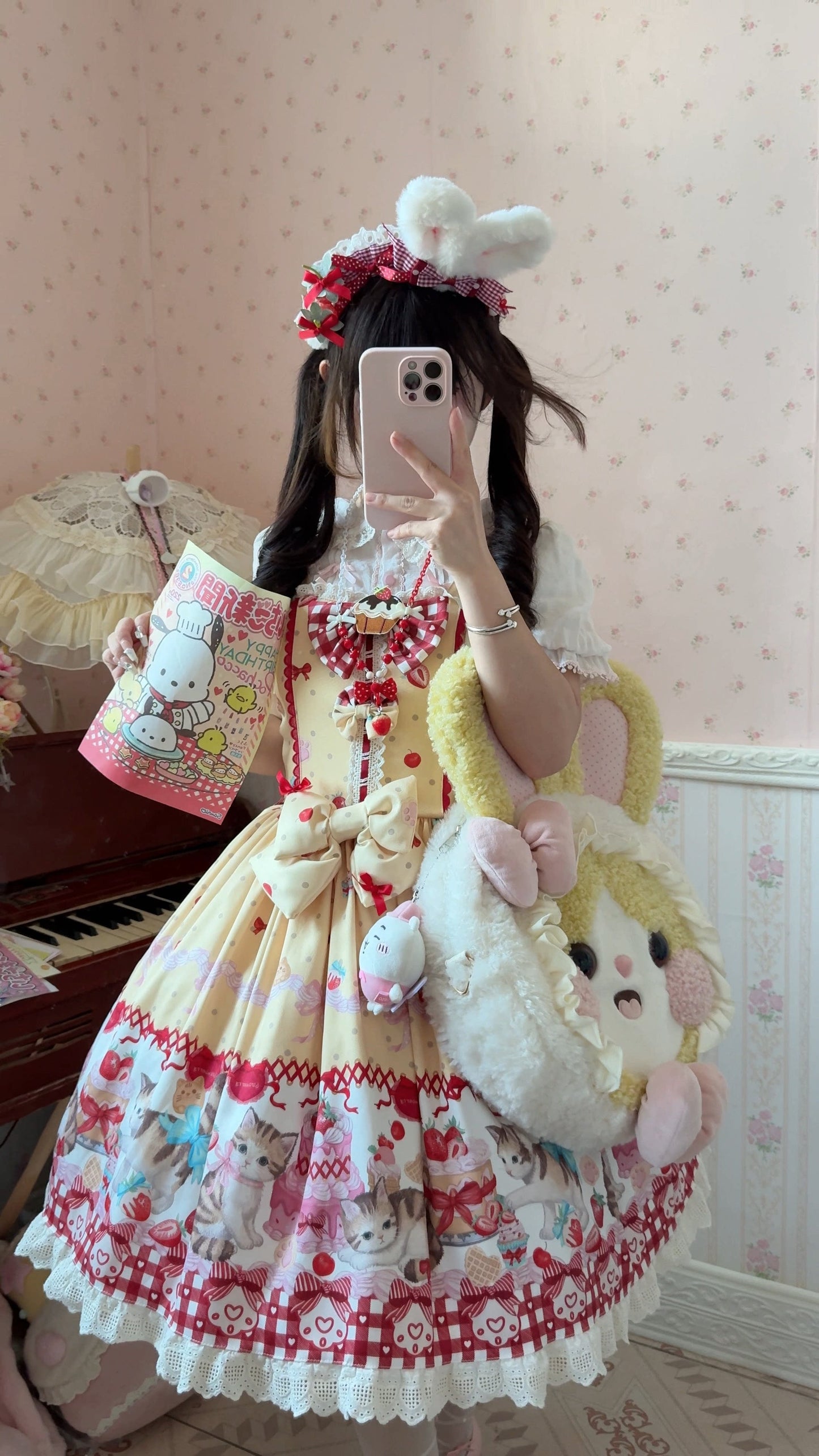 Sleeveless Bow Lace Sweet Lolita Strap Dress with Print - Strawberry Cake Kitty