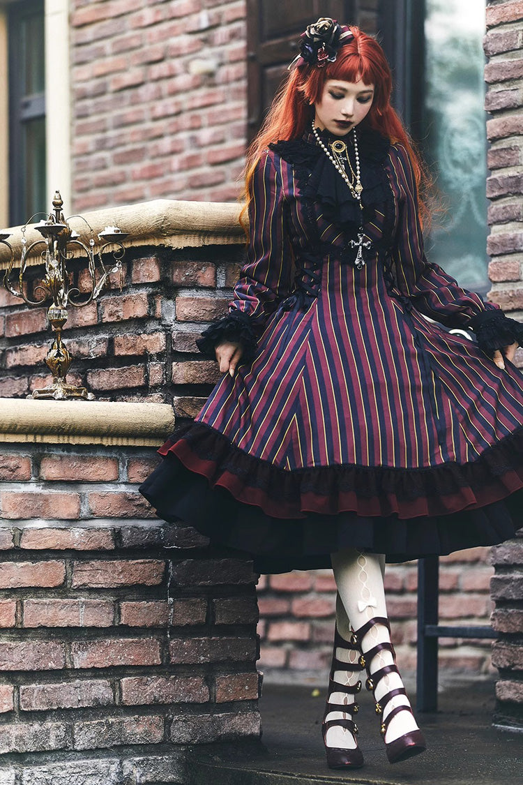Point Manor Stand Collar Long Sleeves Multi Layer Striped Printed Ruffle Gothic Lolita Dress