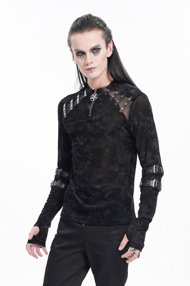 Midnight Crewneck Long-Sleeve Buckle Star Studded Gothic Tee for Men