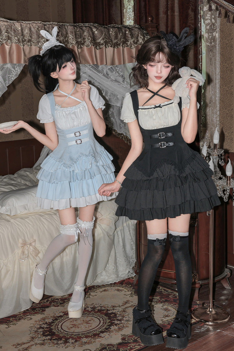 Silent Summer Classic Cool Lolita Dress Set with Halterneck and Ruffles