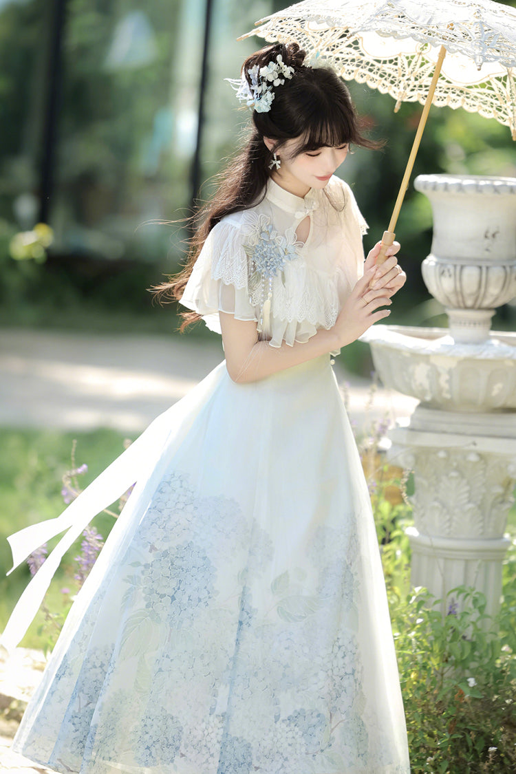 Ivory Print Ruffle Lace Chinese Elegant Dress