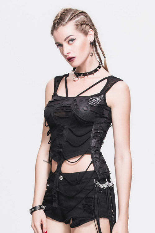 Ghost Claw Print Mesh Tee with Torn Stripes and Lacing