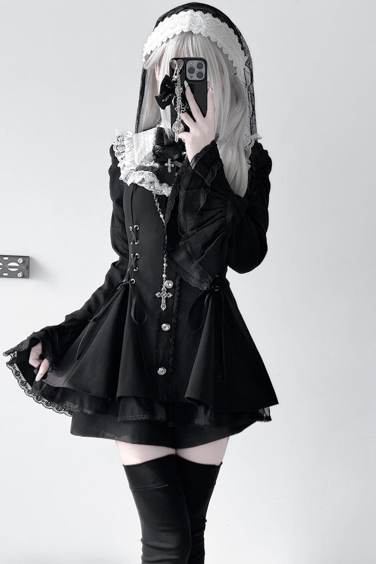 Black Long Trumpet Sleeves Ruffle Gothic Jirai Kei Dress Set - 2 Colors