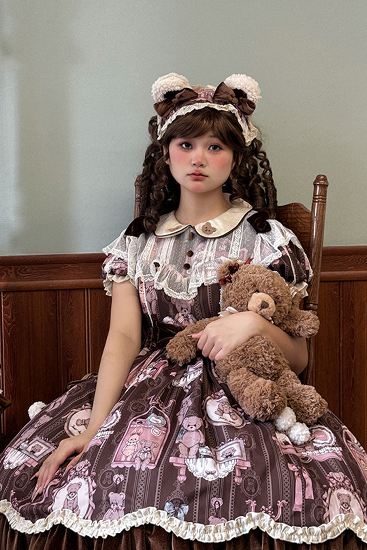 Brown Bear Wall Print Short Sleeves Ruffle Embroidery Bow Sweet Dress