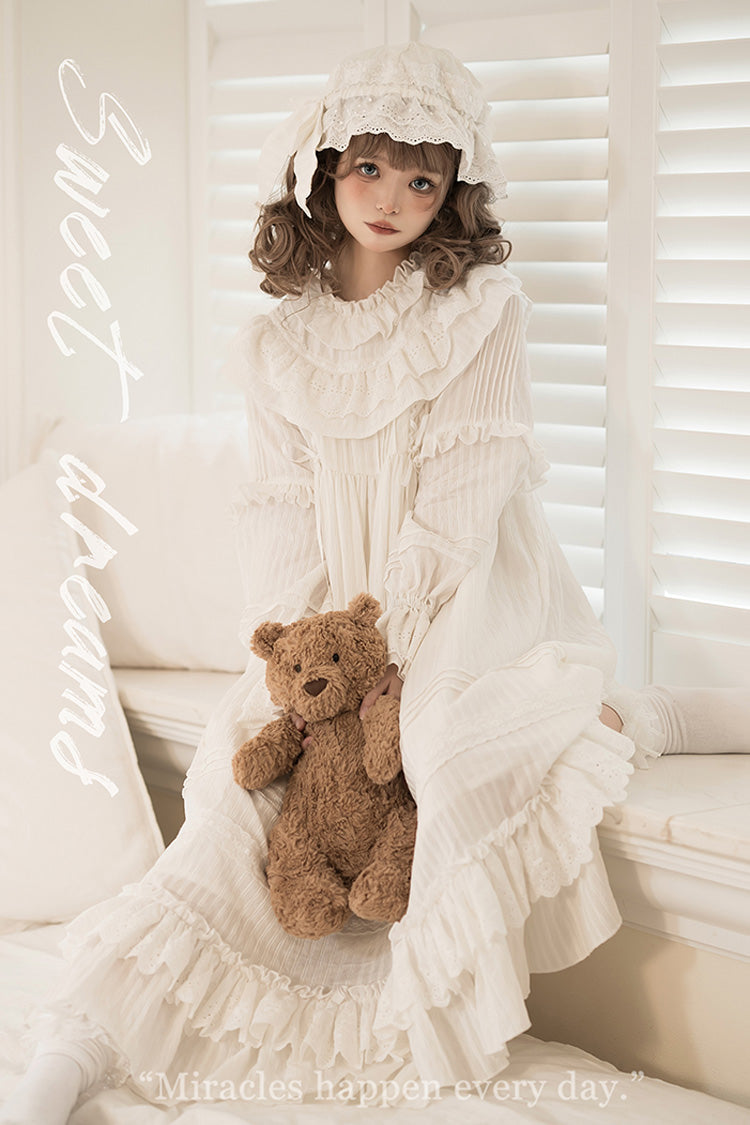 Ivory Long Sleeve Double Ruffle Bow Lace-Up Holy Dress