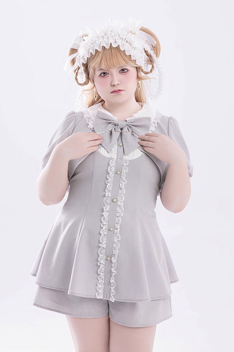 Grey Short Sleeves Ruffle Bowknot Fake Two Pieces Jirai Kei Japanese Dress Shorts