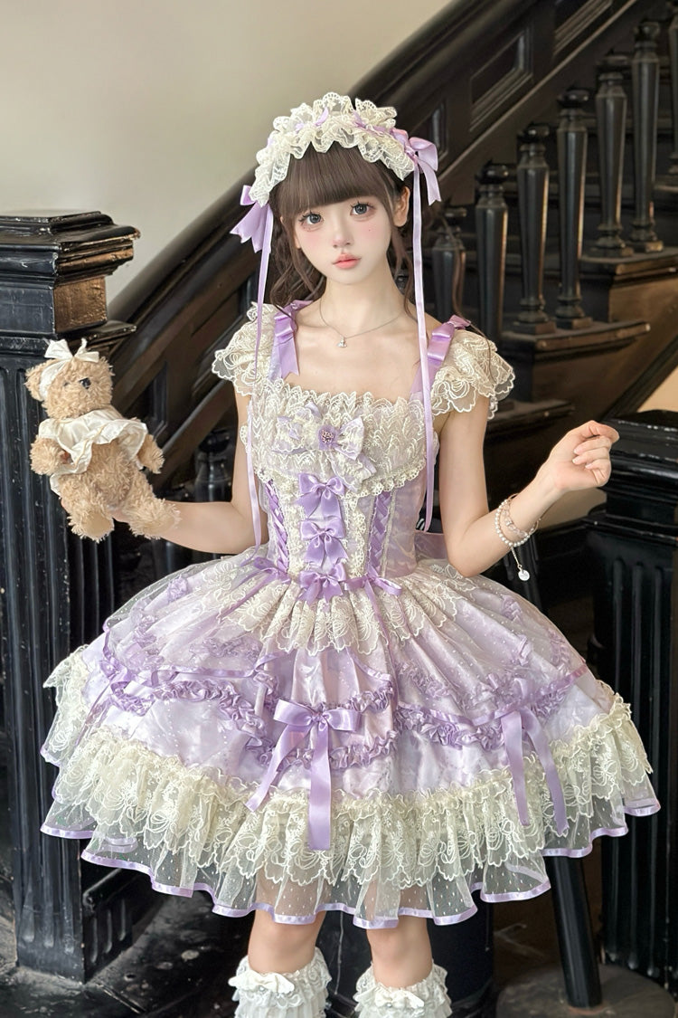 Dreaming Butterfly Violet Jacquard Ruffle Bowknot Lace Princess Lolita JSK - Dreaming Butterfly