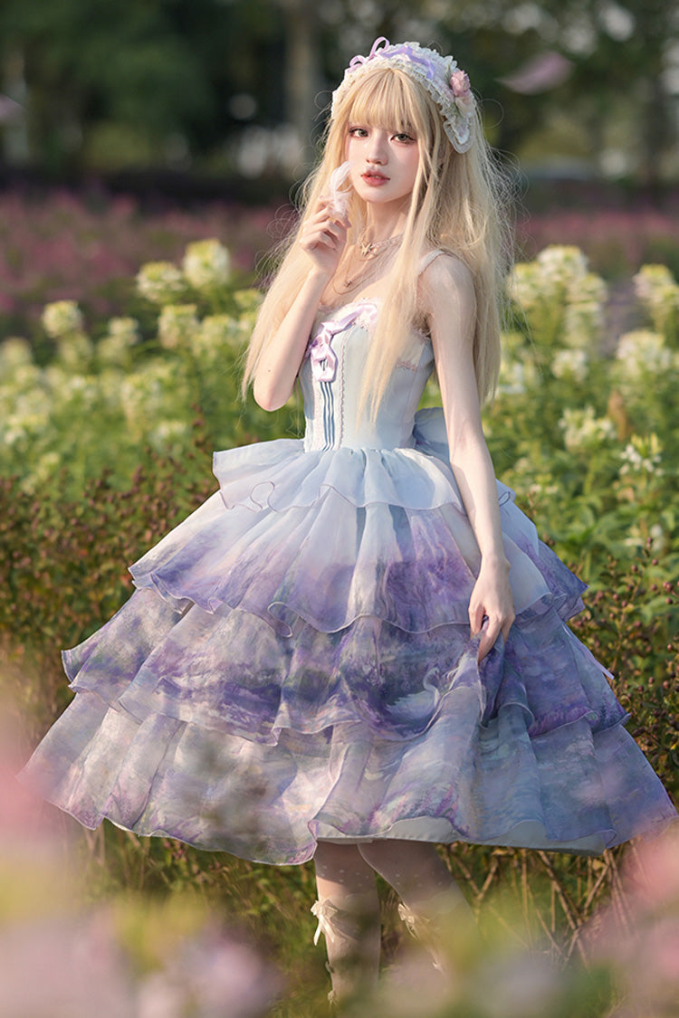 Multi-Color Swan Lake Printed Oil Painting Sweet Lolita JSK Dress - Three-Layer