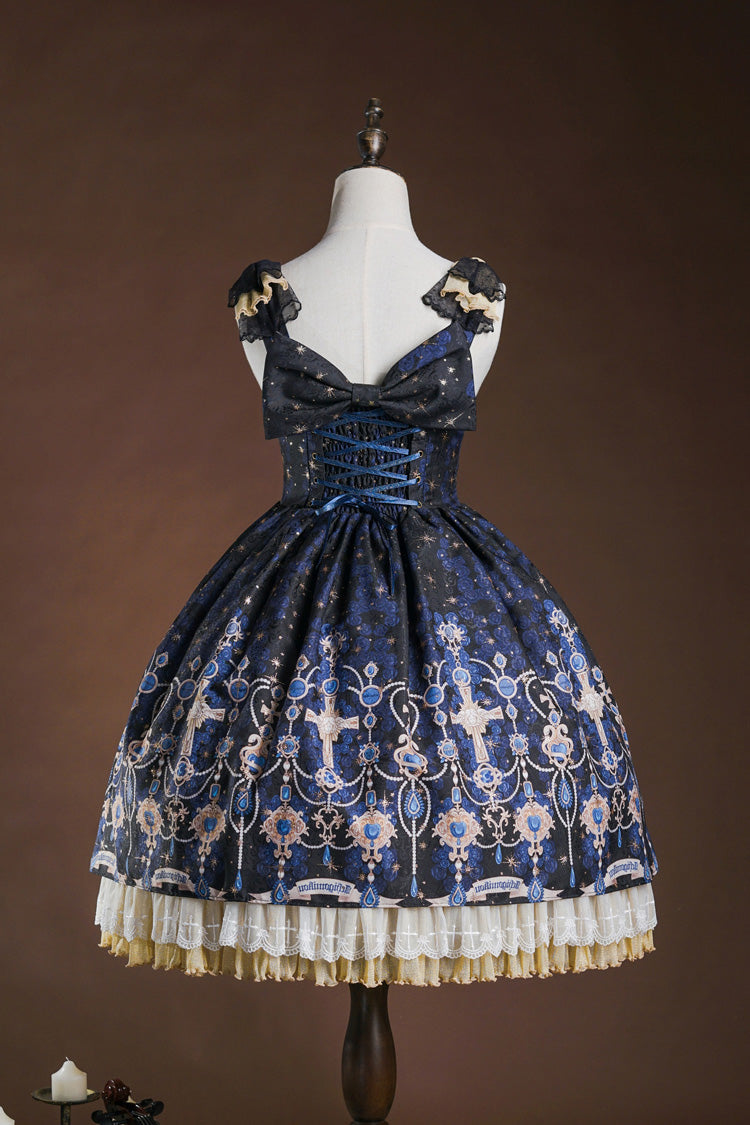 Blue/White Stone of Eden Triple-Layer Print Ruffle Ribbon Lace Elegant Girly Lolita JSK Gown