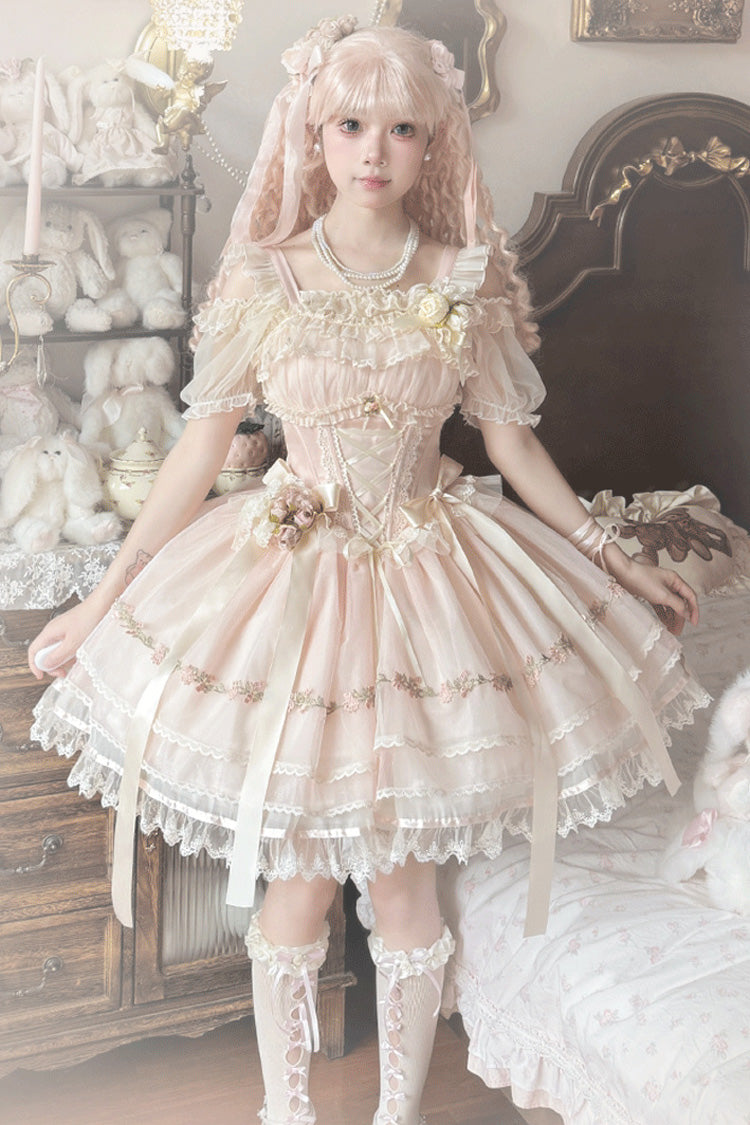 Ballet Lolita JSK Dress with Multi-Layered Ruffles and Bow - Mist Champagne, 3 Colors