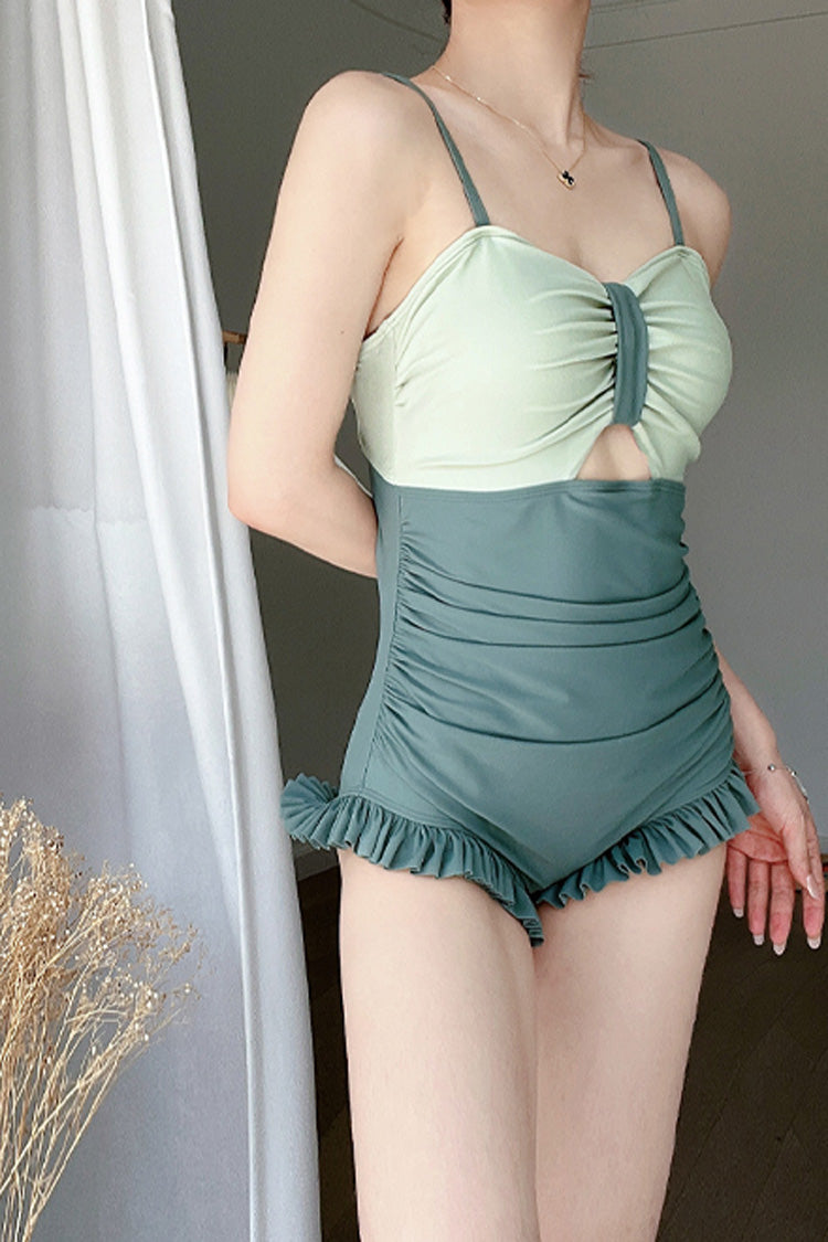 Jade Ruffle-Trimmed Pastel Lolita One-Piece Swimsuit with Contrast Trim