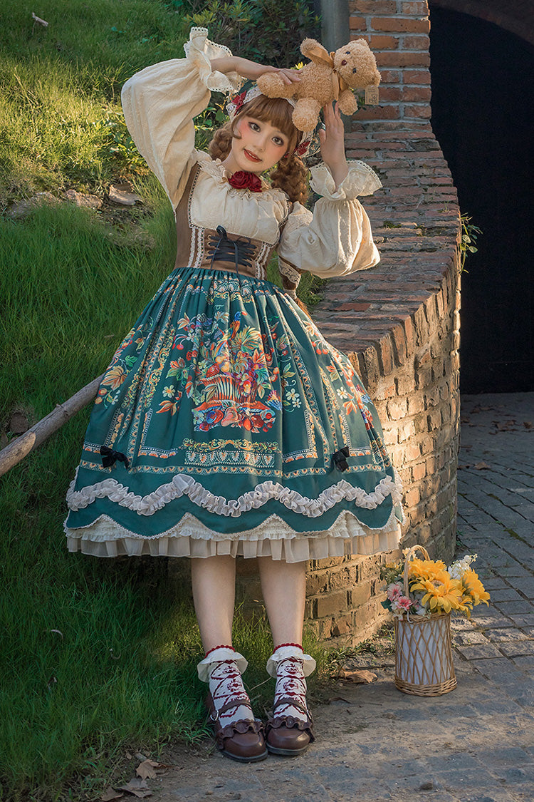 Green Velvet Classic Lolita JSK Dress with Berries and Birds Print Ruffle Bowknot