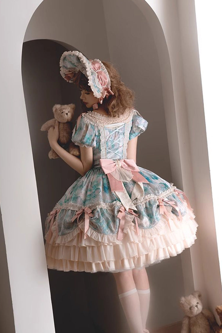 Angel Heart Sky Oil Painting Printed Bow Cardigan Sweet Lolita Dress - Multi-Color