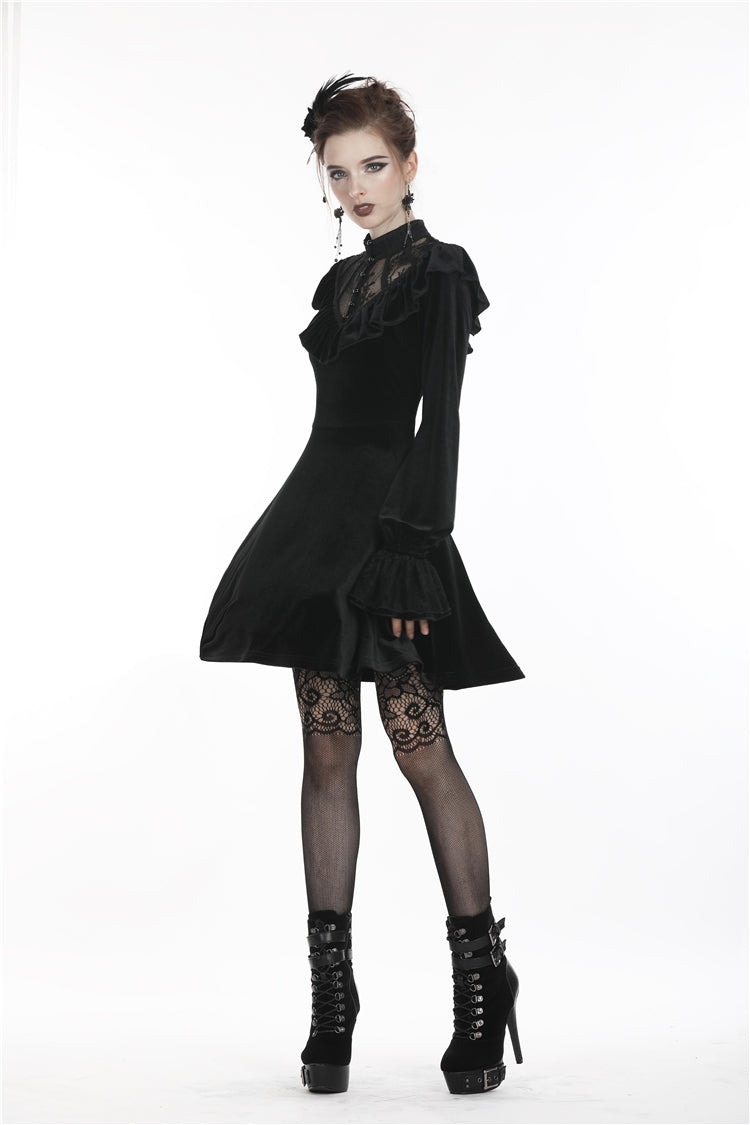Deep V-Neck Ruched Velvet Lolita Dress with Lace Details