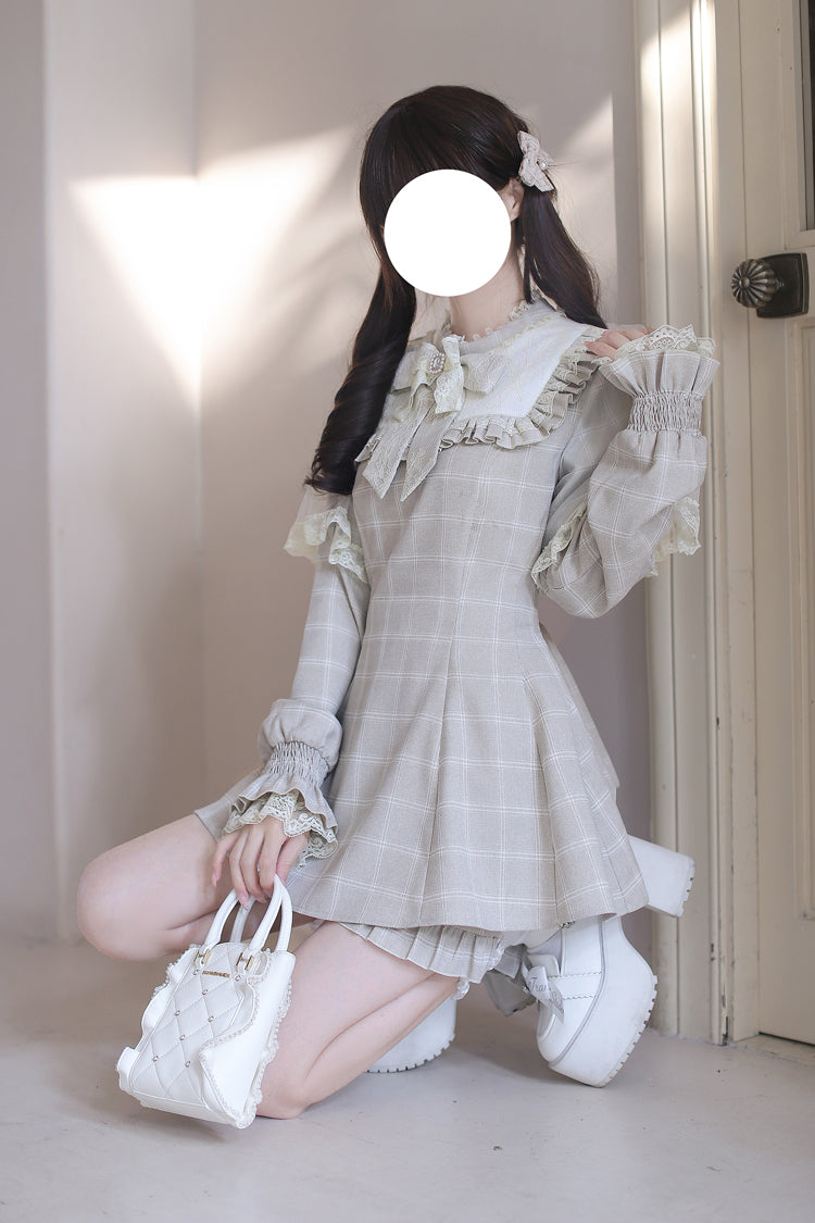Tan Cocoa Brownie Plaid Bow-Trimmed Jirai Dress