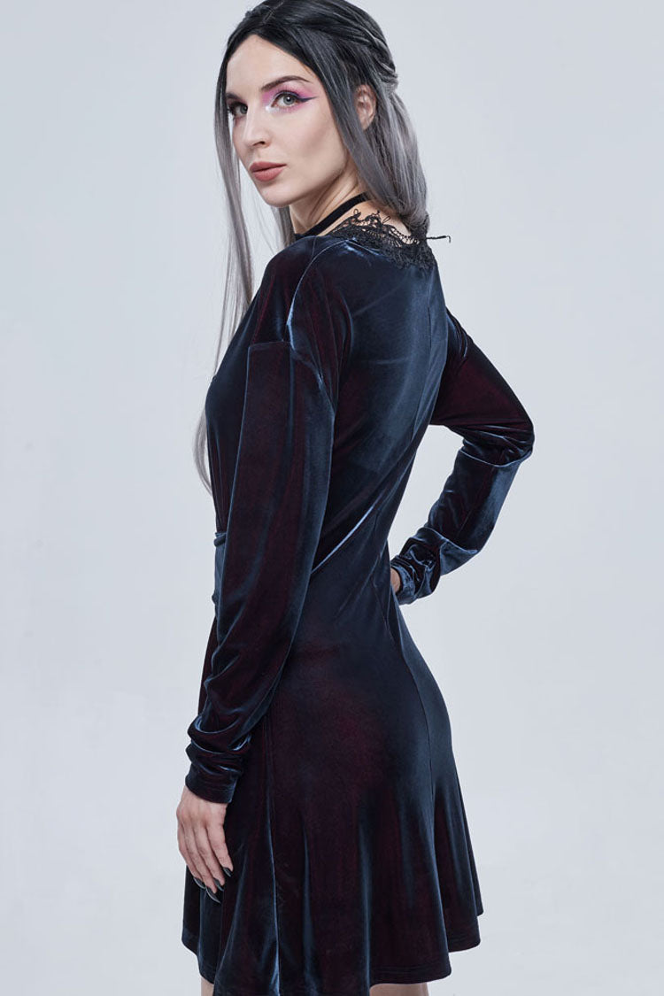 Crimson & Noir Velvet V-Neck Bow Detail Long Sleeve Gothic Dress
