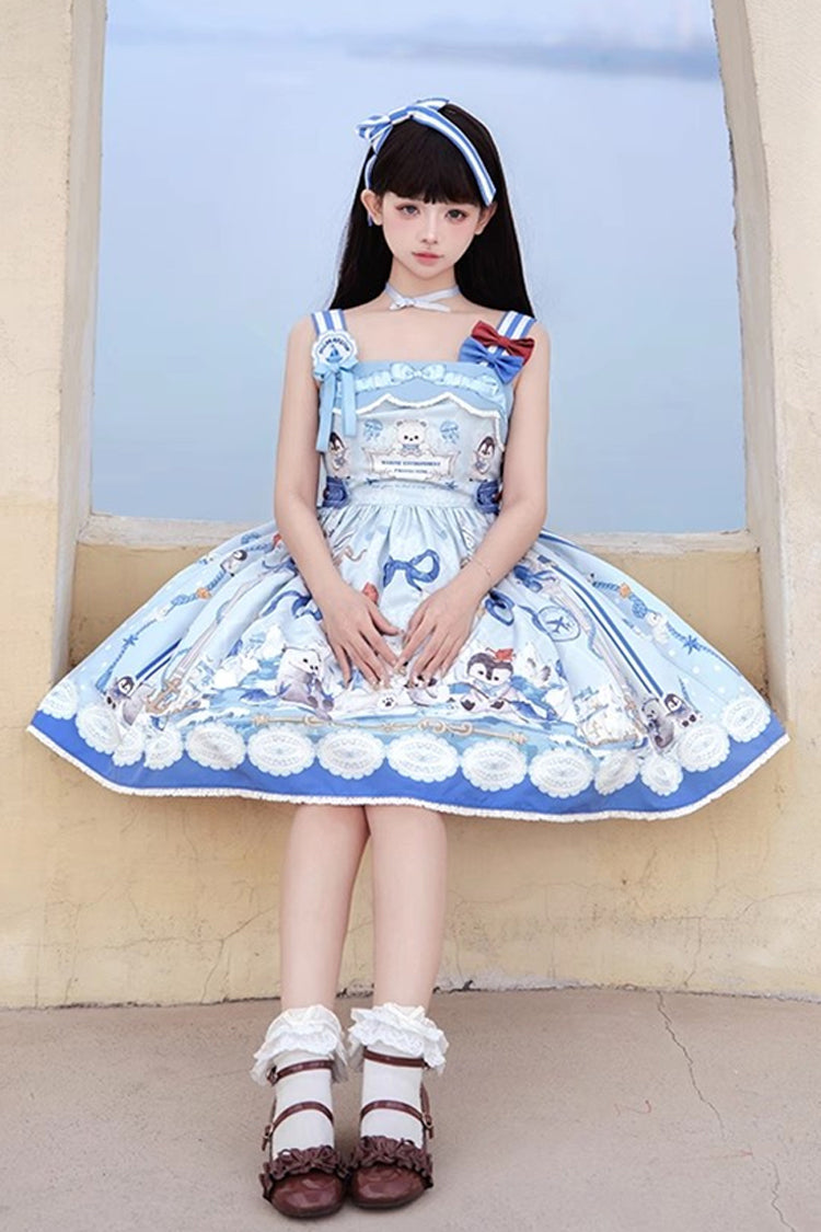 Penguin Navy Print Ruffle Bow Princess JSK Dress in Blue