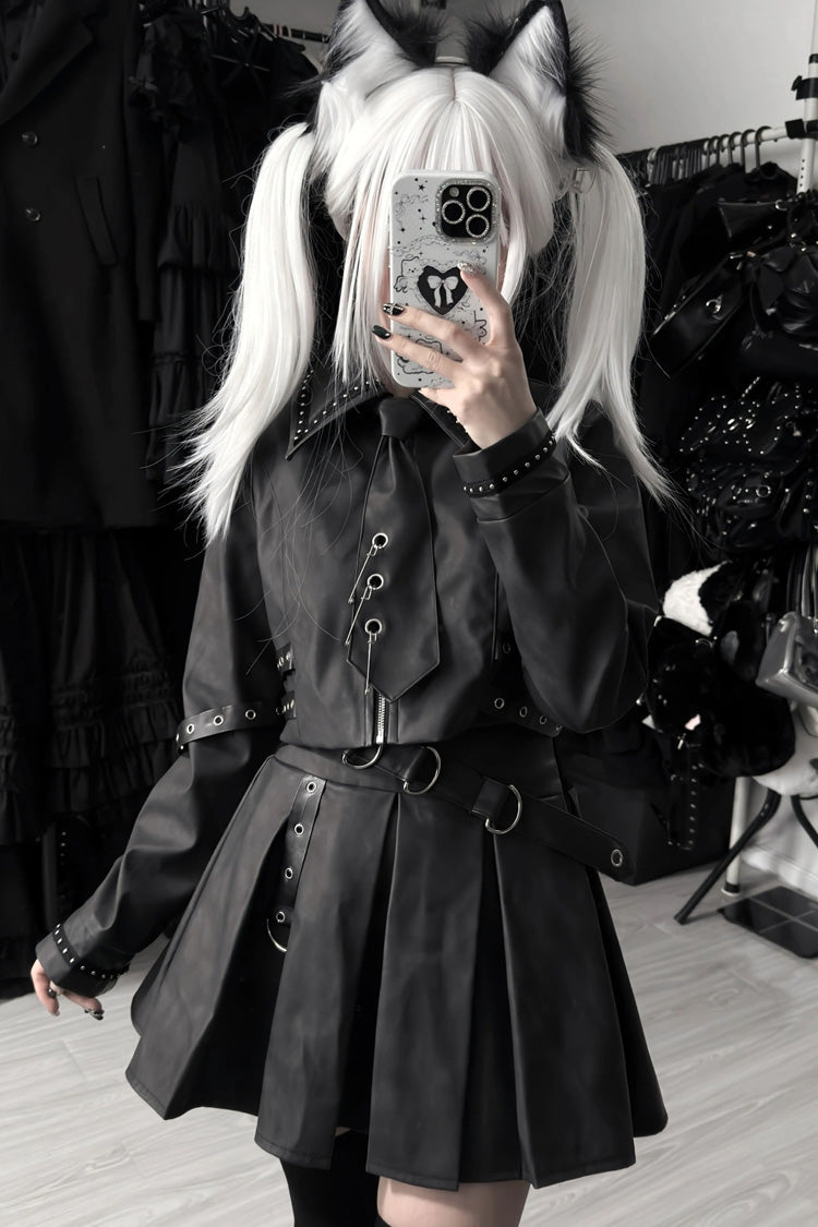 Eternal Night Lapel Collar Studded Eyelet Gothic Handsome Top Skirt Set