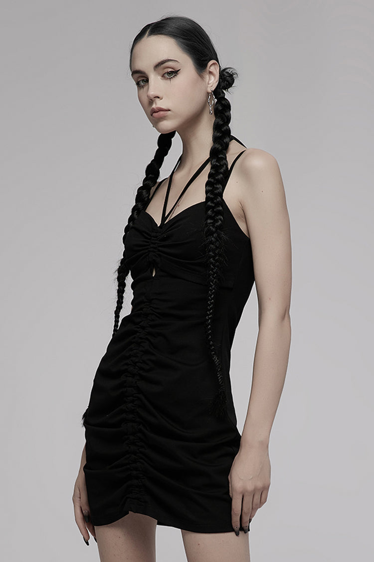 Black Knit Hollow Drawstring Bodycon Halter Punk Dress